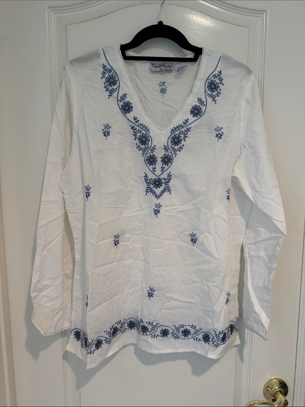 White Embroidered V-Neck Long Sleeve Tunic- Blue Floral Embroidered with Sequins